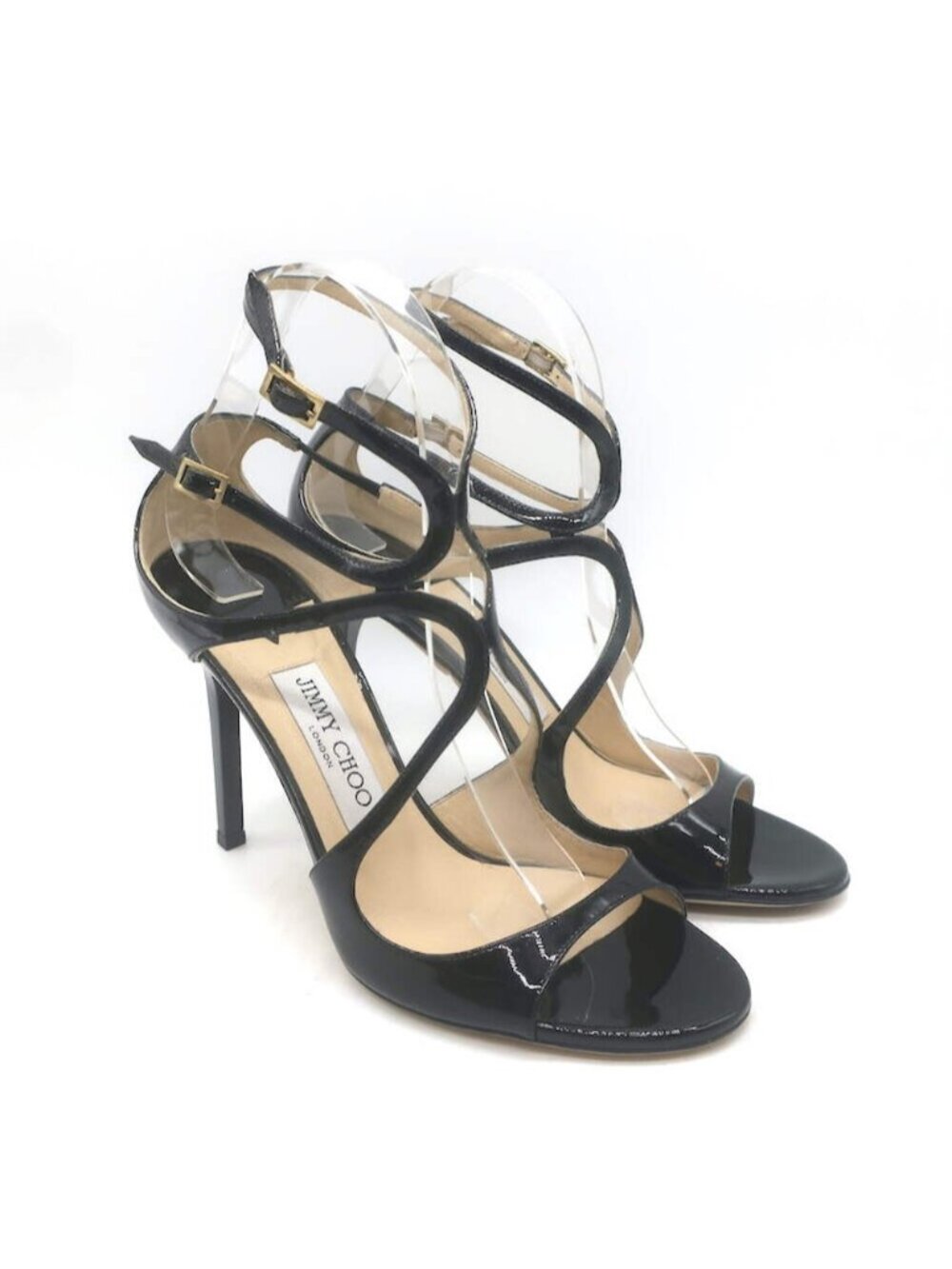 Jimmy Choo Lang 100 Cutout Ankle Strap Sandals Black Patent Leather Size 38.5